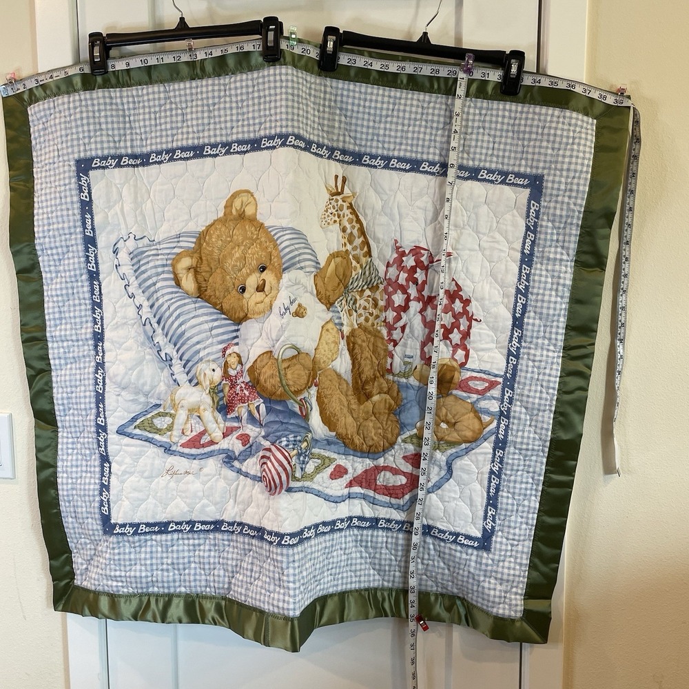 Baby Blanket Quilt Blue White Green Bear Giraffe Toy Satin VTG Cottage Farm Boho - Picture 9 of 11